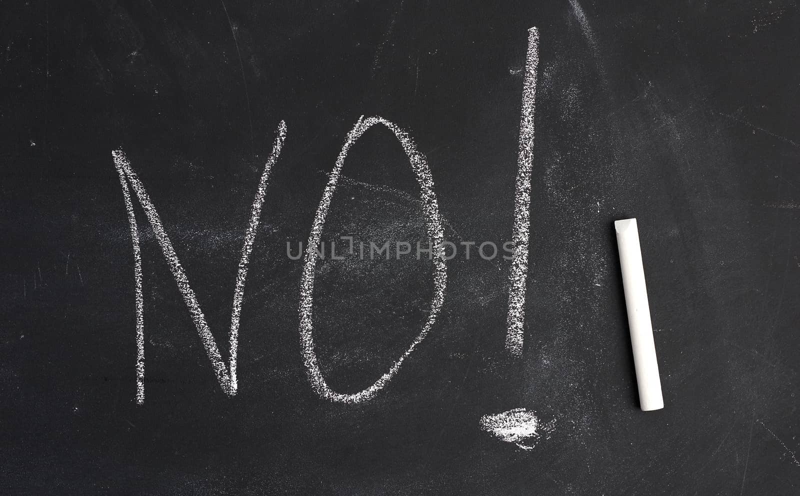 inscription in chalk no on black chalk board, concept of denial, close up