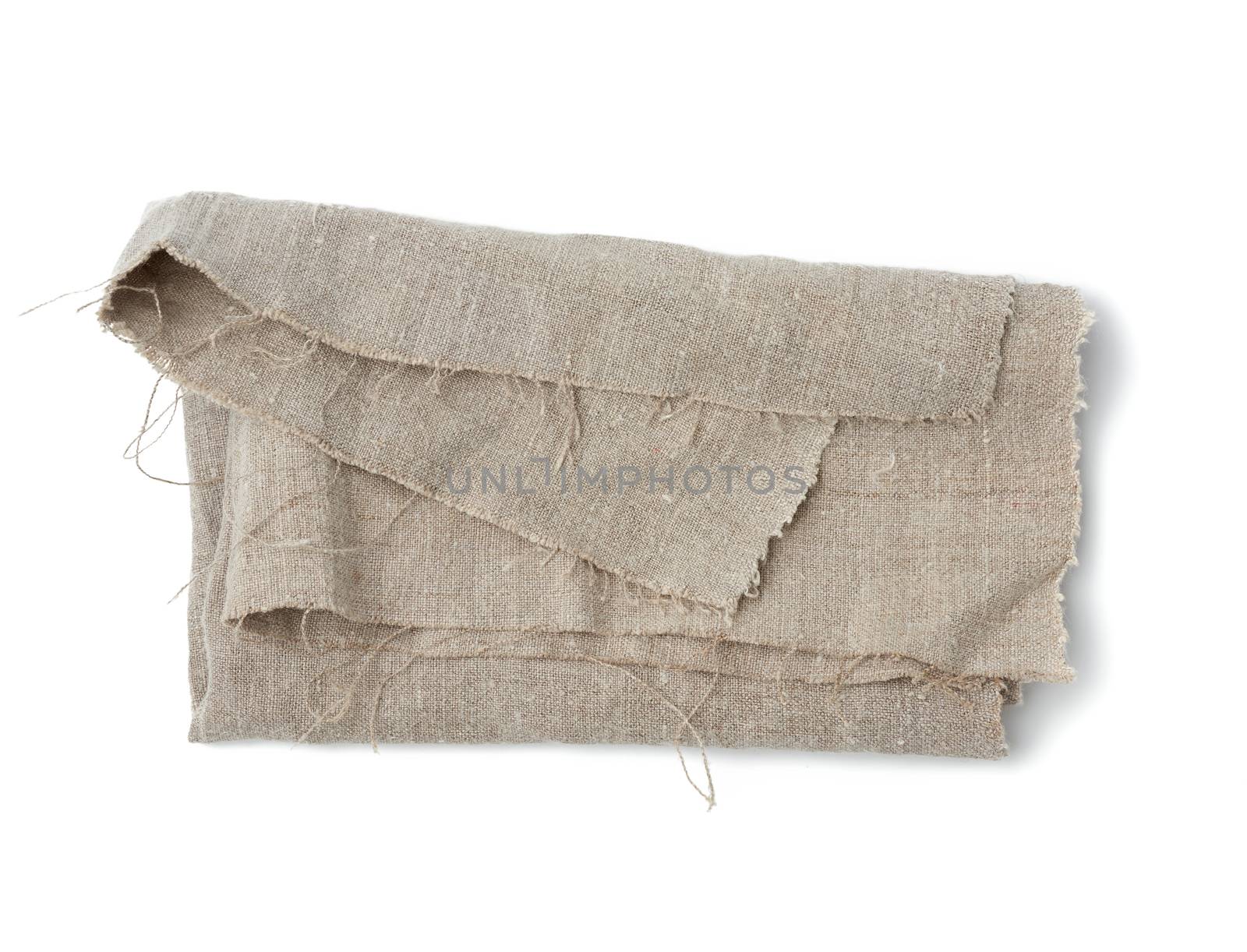 crumpled kitchen linen gray towel isolated on white background, top view