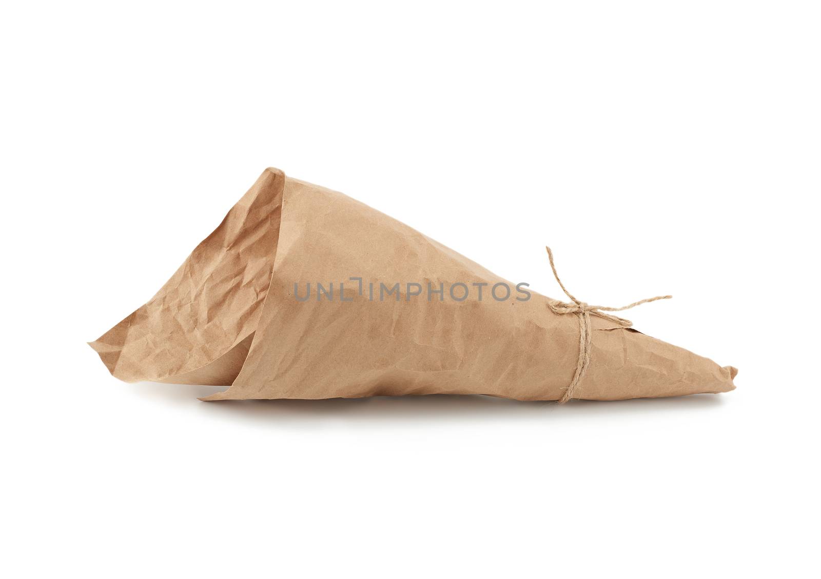 empty cone-shaped fist from brown crumpled paper isolated on white background, element for designer