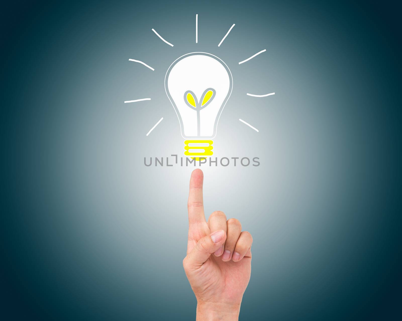 Bulb light on fingertip on blue background - Idea Conceptual