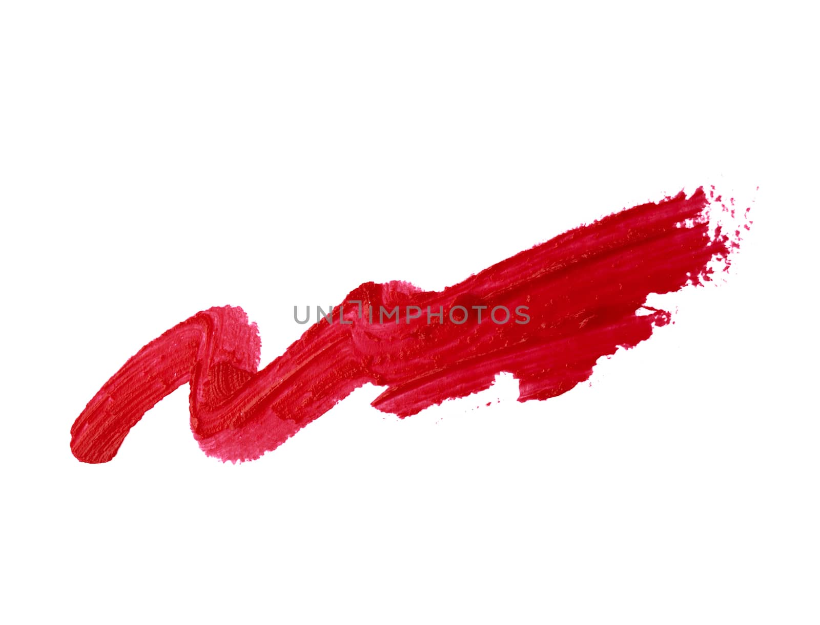 thick red lipstick smear, cosmetics sample isolated on white background, close up