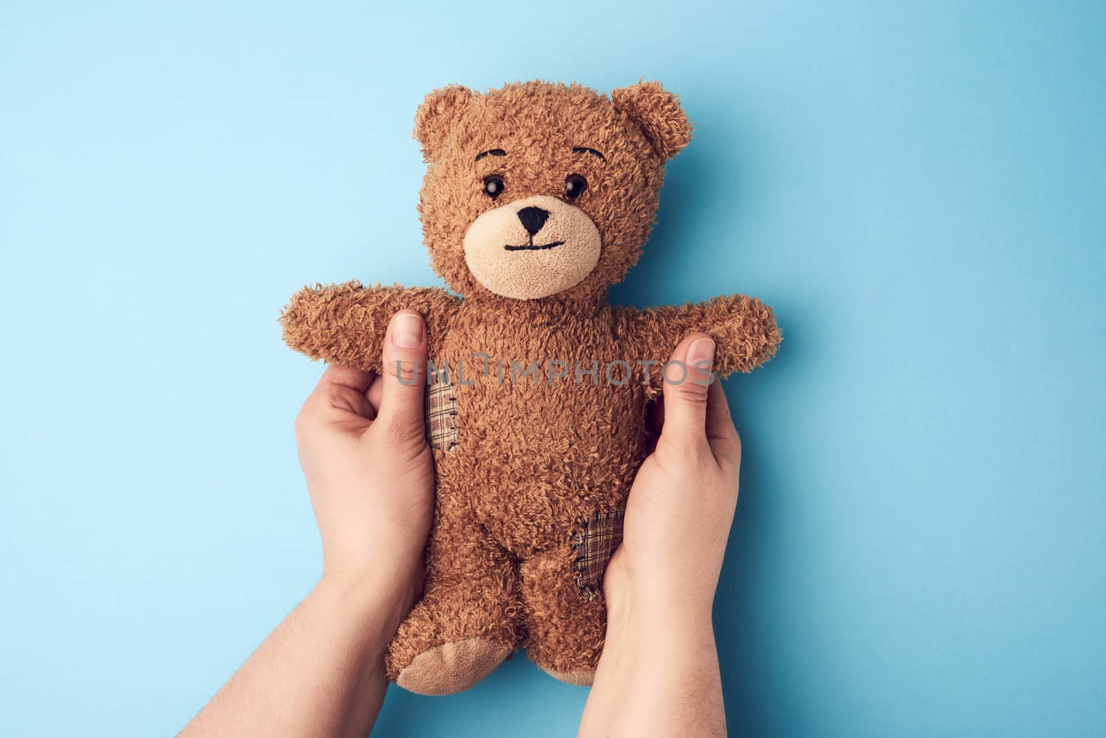 two female hands hold a small brown toy teddy bear on a blue bac by ndanko