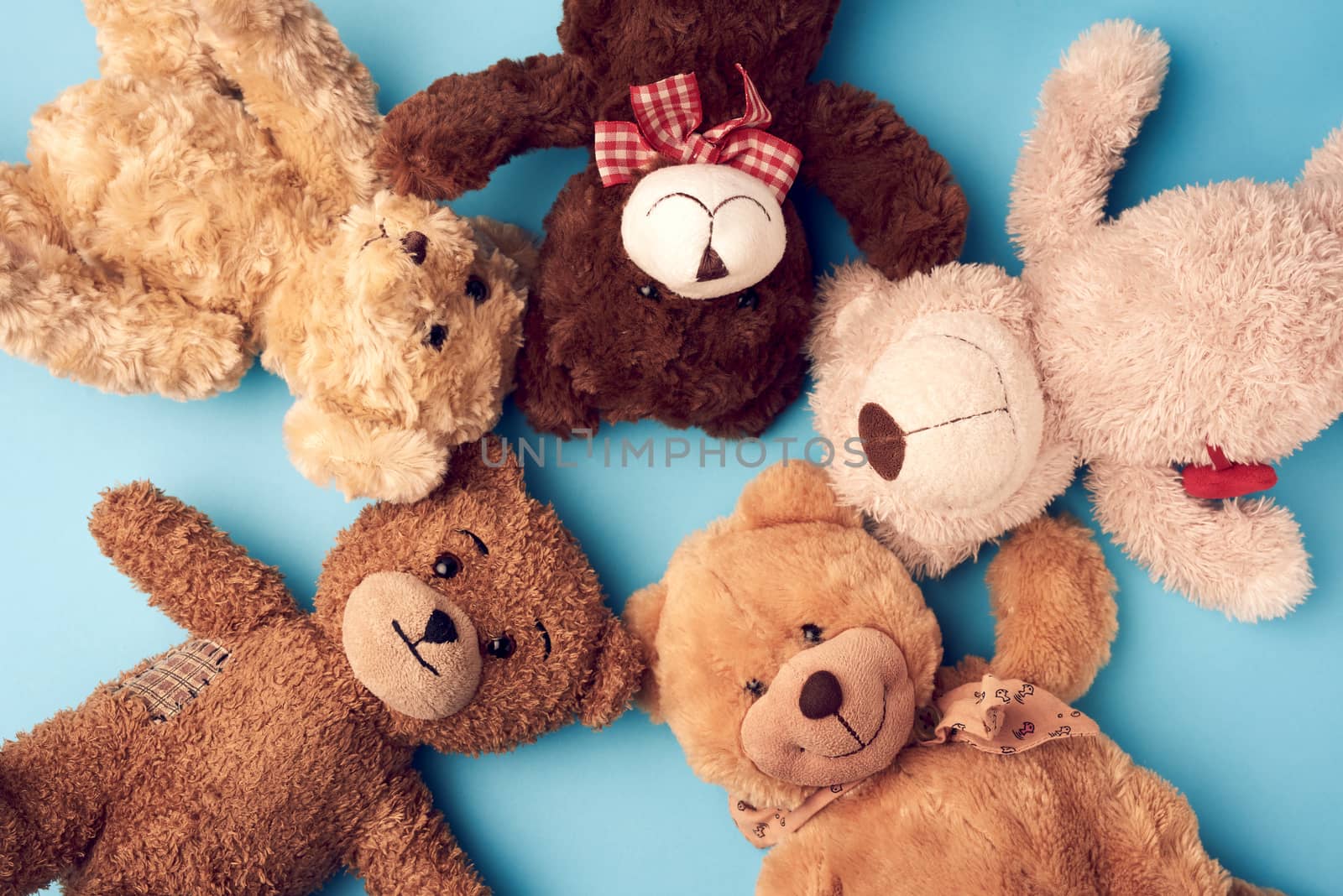 various teddy bears lie on a blue background head to head and look up, concept of friendship and mutual assistance