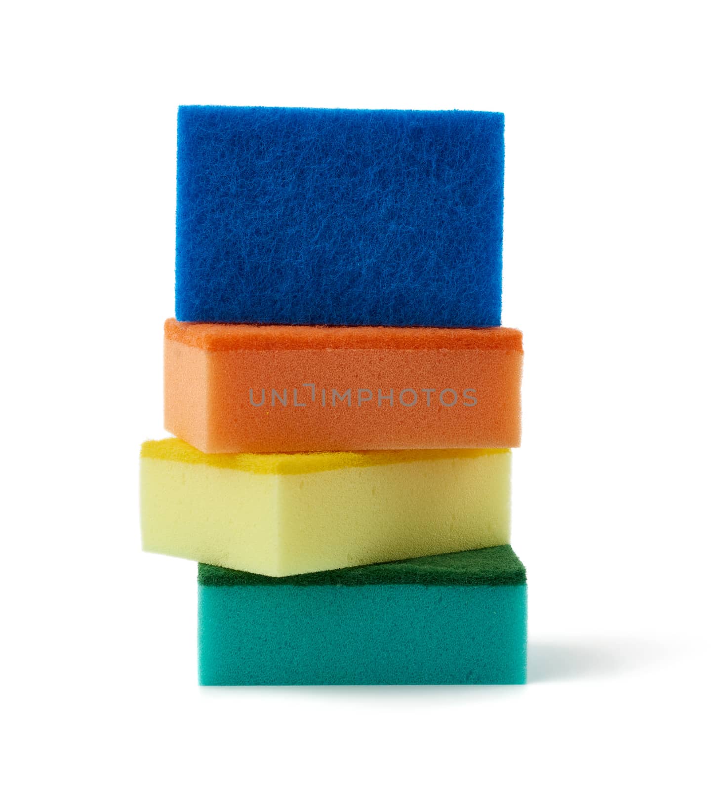 stack of new multi-colored kitchen sponges for washing dishes isolated on a white background