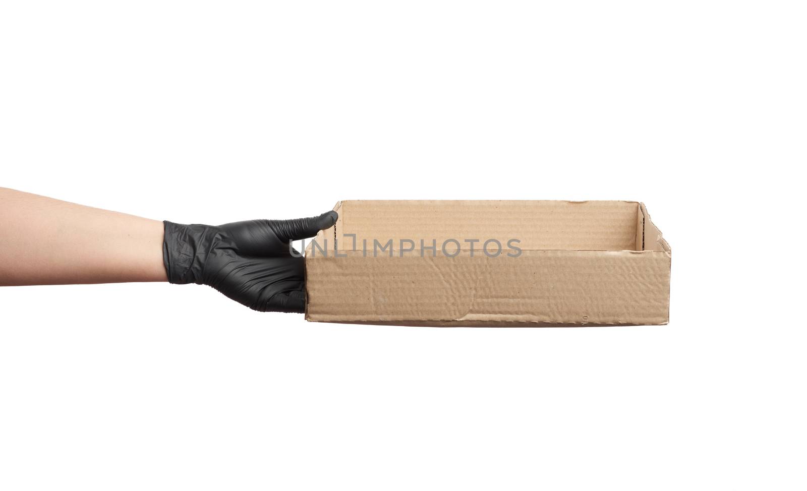 female hand in a black latex glove holds a brown cardboard box on a white background, safe and contactless delivery of on-line orders during epidemics