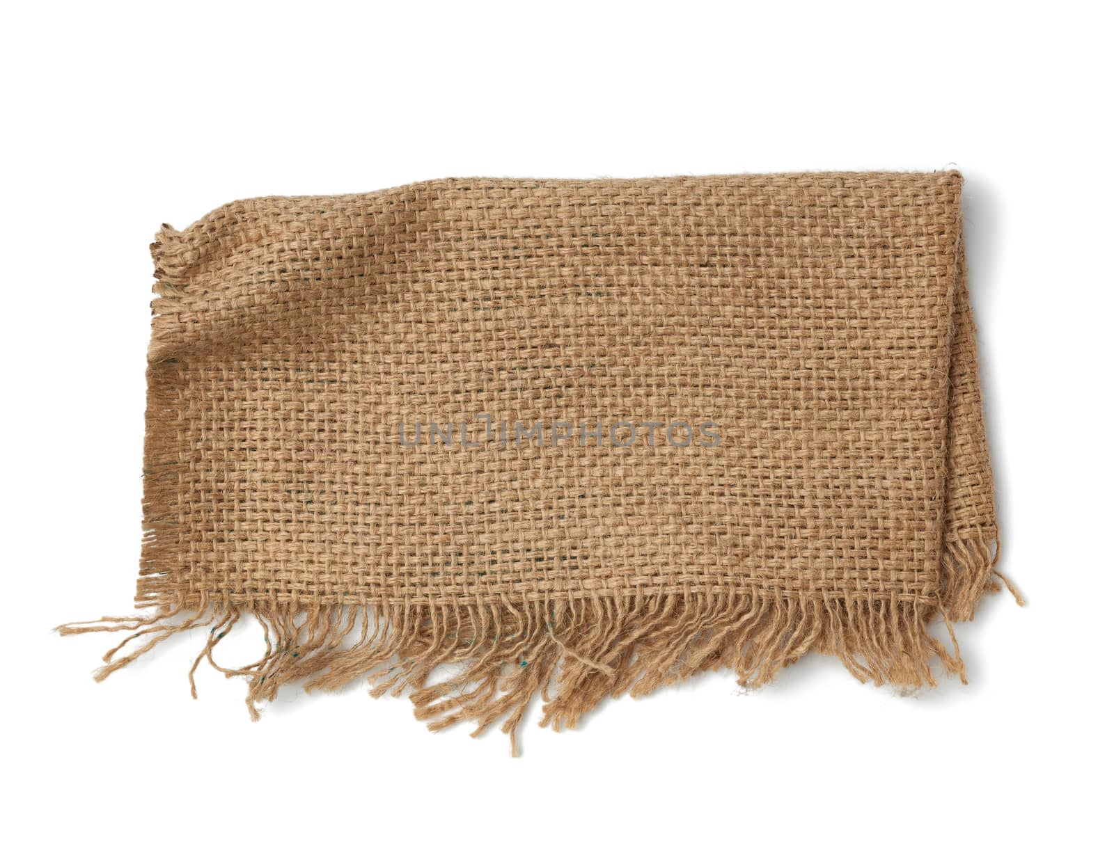 brown burlap fragment isolated on white background, top view