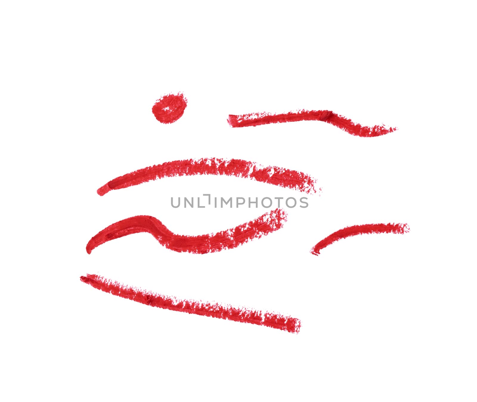 red lines of cosmetic lip liner, various line shapes and dot isolated on white background, sample