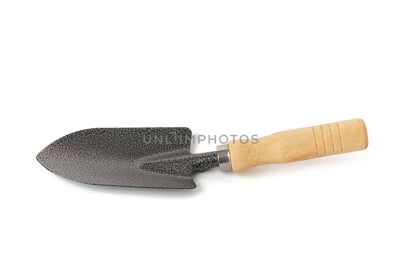 new metal garden trowel on wooden handle isolated on white backg by ndanko