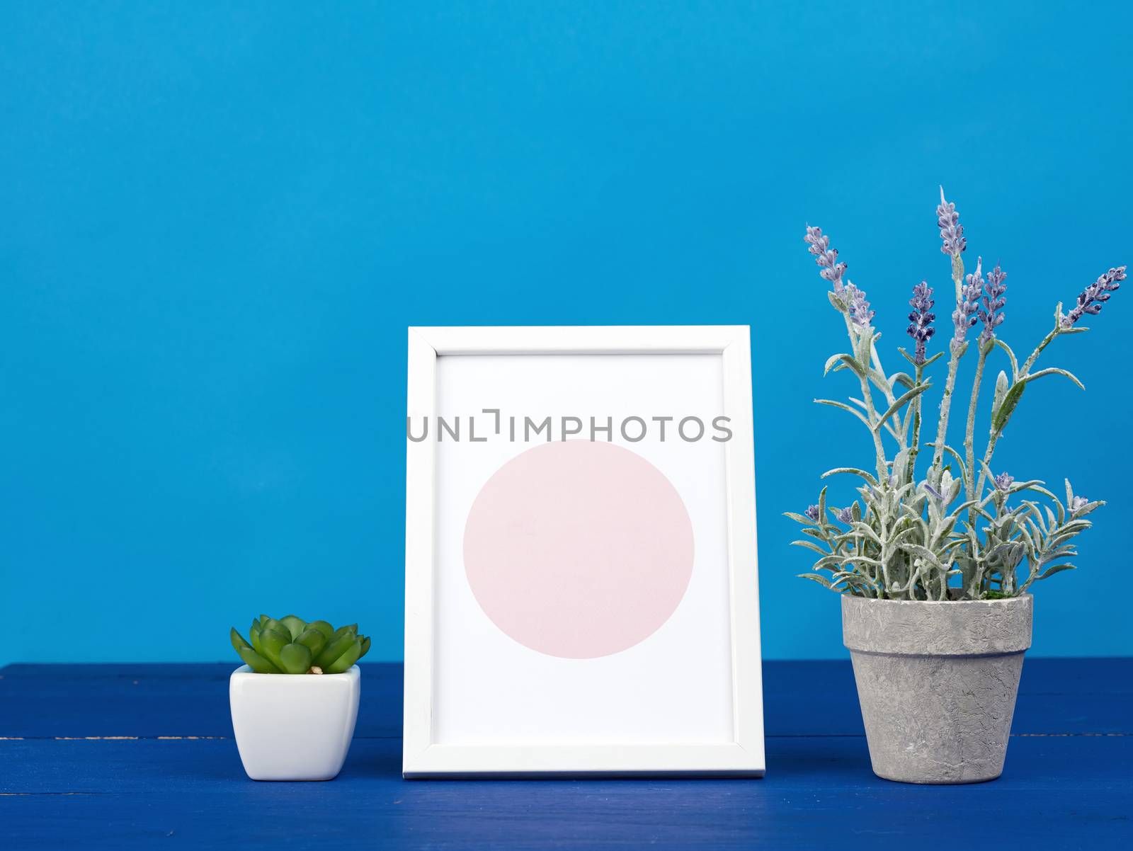 white photo frame and ceramic pot with a growing plant on a blue wooden table, minimalist style