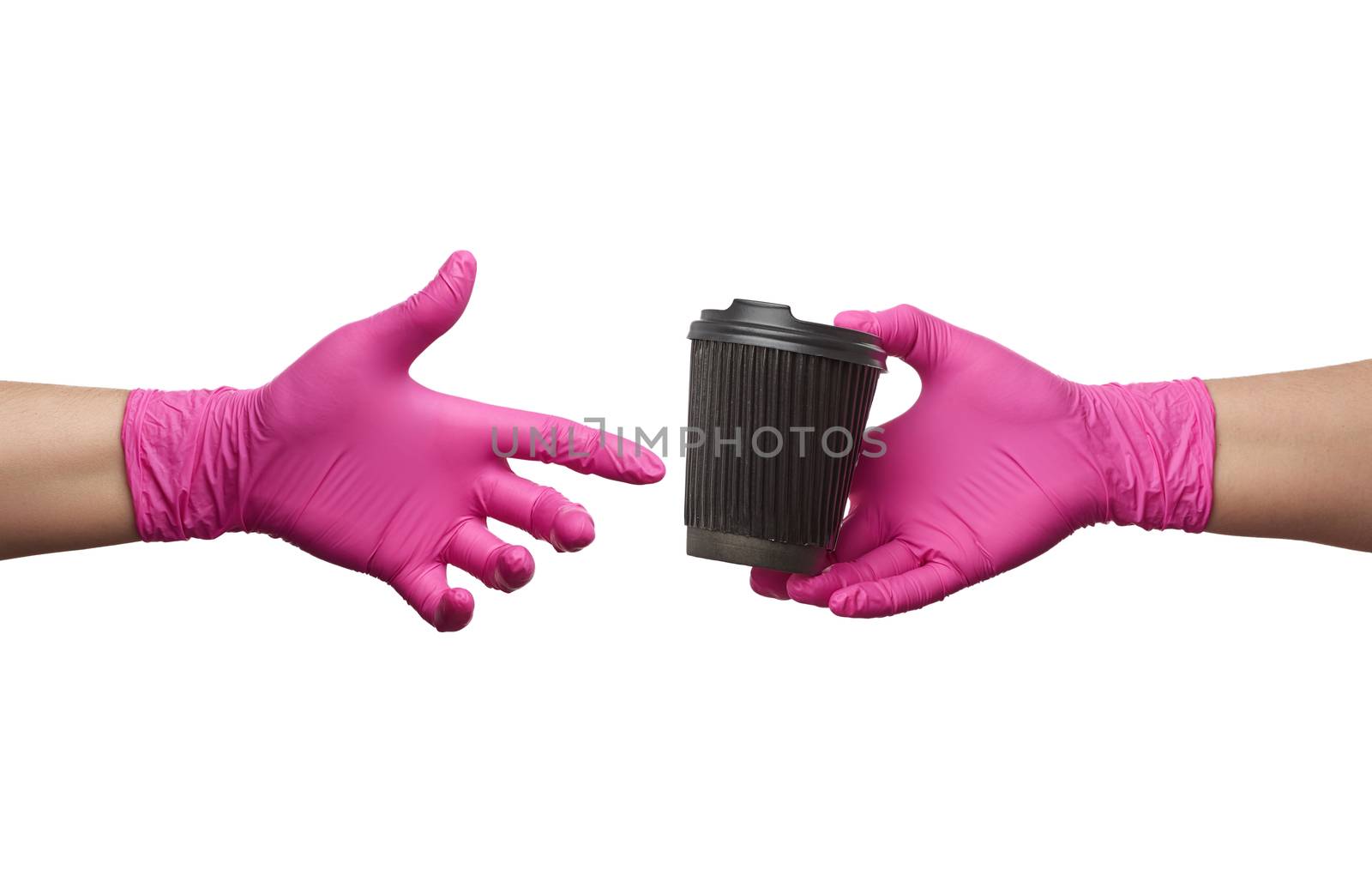hand in a pink latex glove holds a paper disposable cardboard cup and plastic cover on a white background, safe and contactless delivery of on-line orders during epidemics