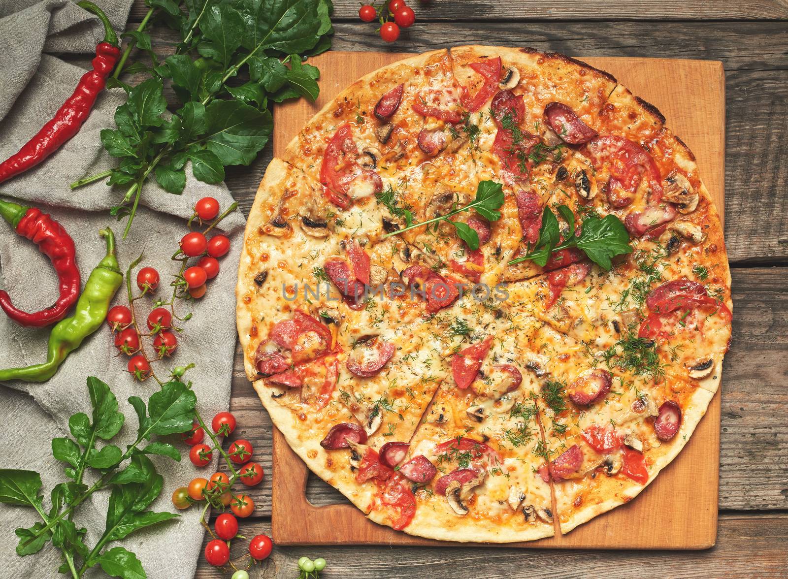 baked round pizza with smoked sausages, mushrooms, tomatoes by ndanko