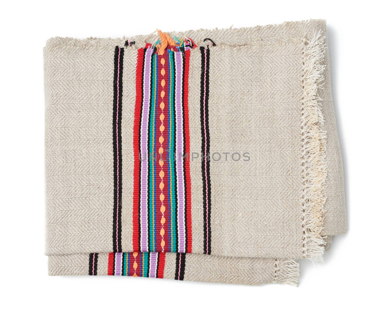 folded gray woven linen towel with colorful inserts by ndanko