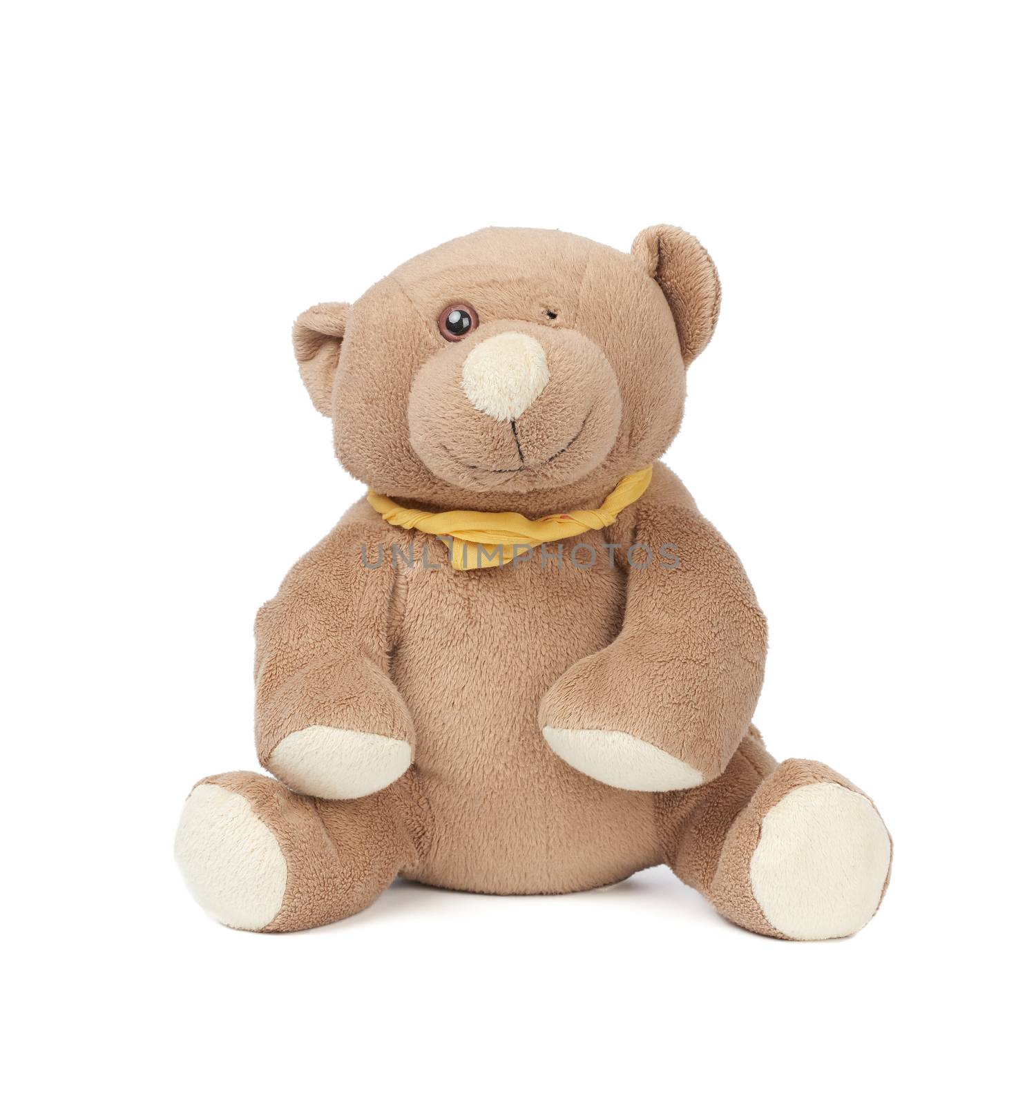 miserable brown teddy bear sitting on a white isolated background, children's toy without an eye