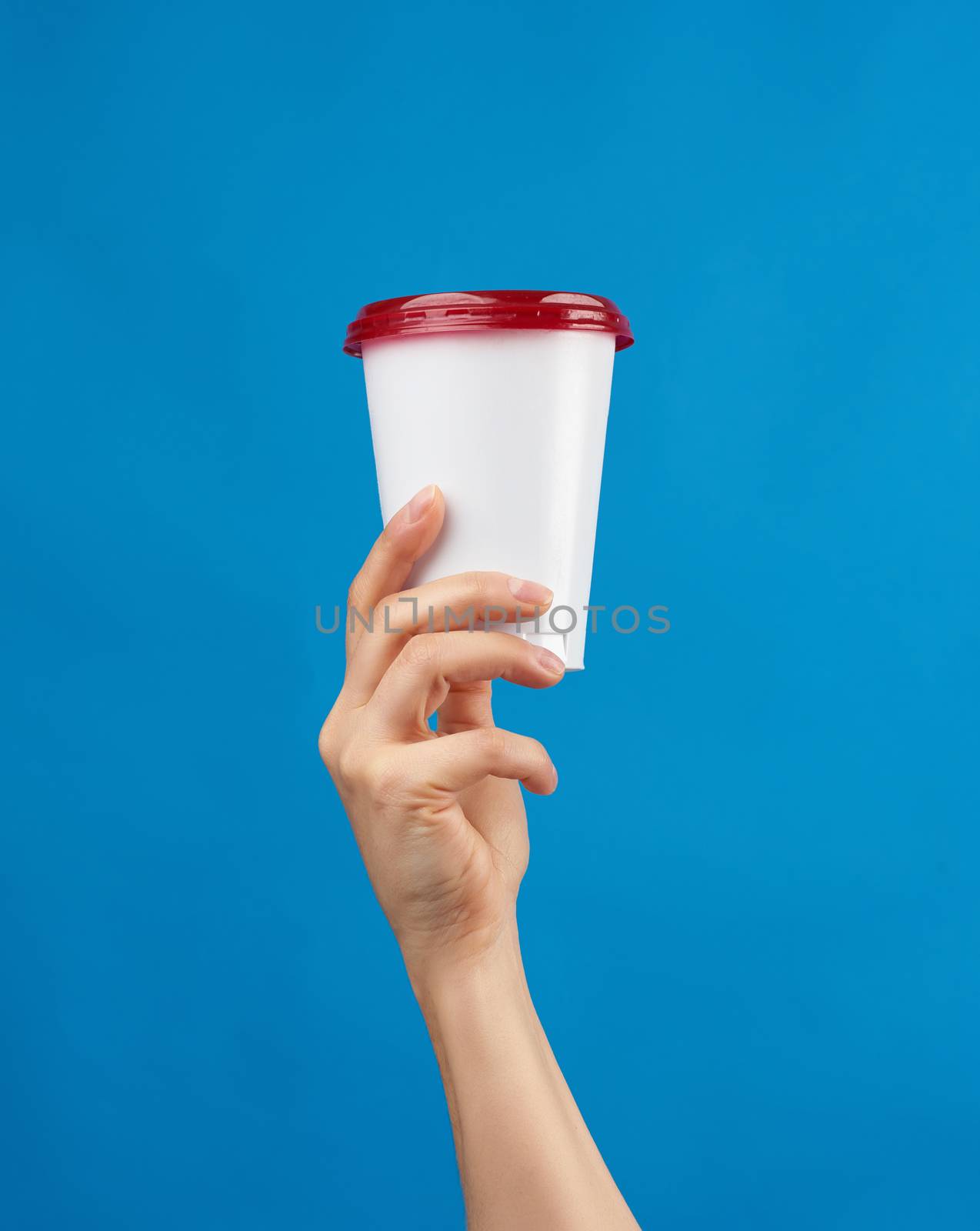 female hand holds a disposable white glass with a red cap on a blue background, take-away drinks