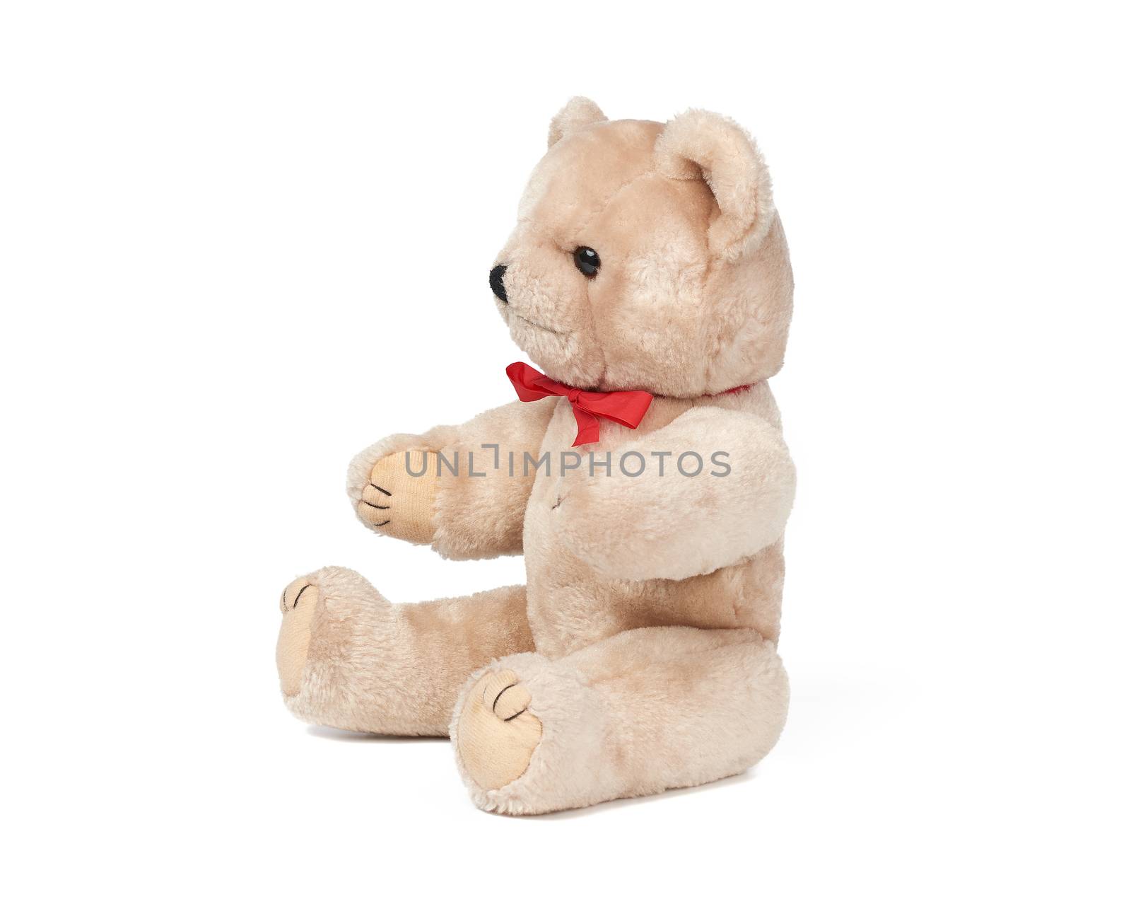 small brown teddy bear sits on a white isolated background, funny children`s toy