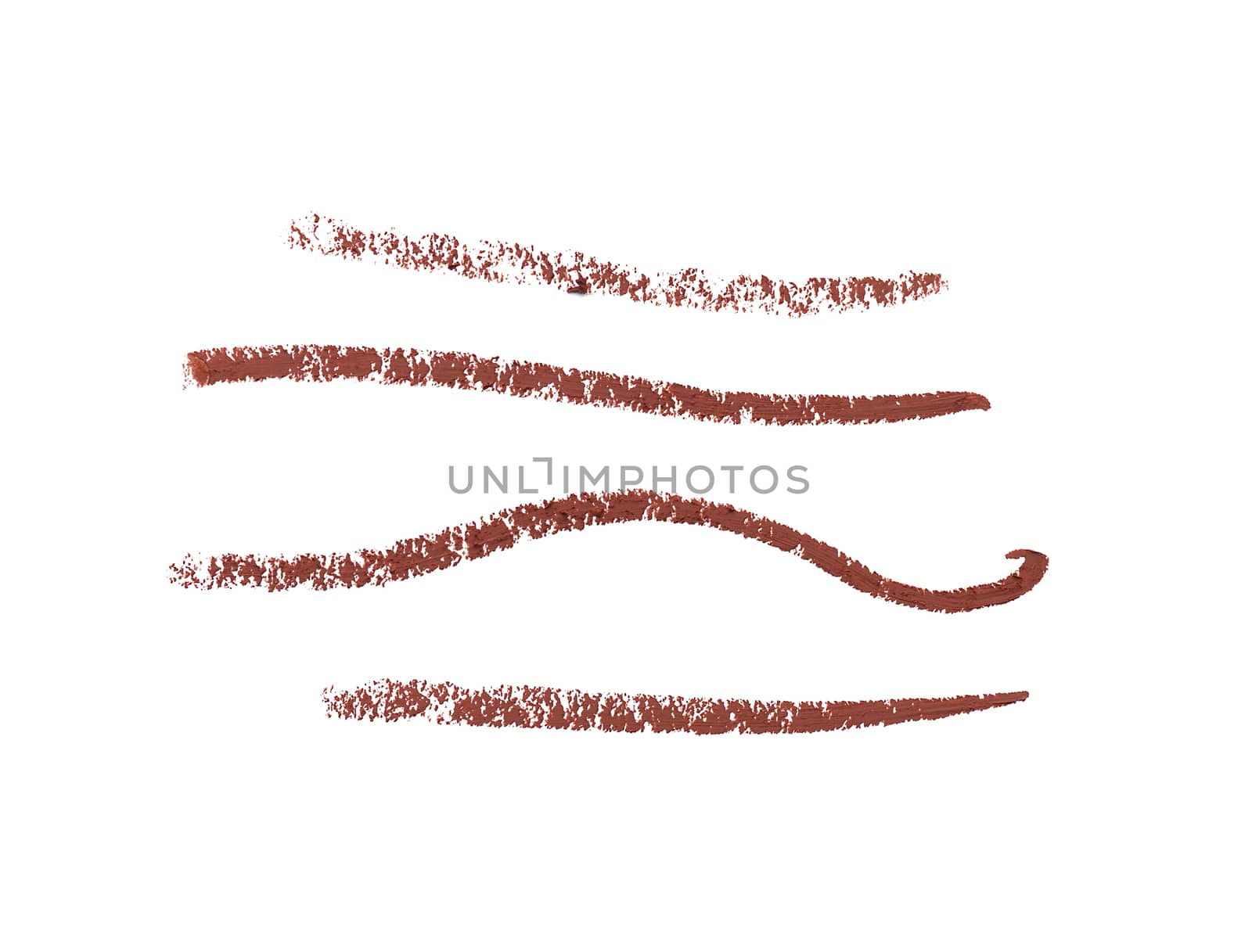 brown lines of cosmetic lip liner, various line shapes isolated on white background, sample
