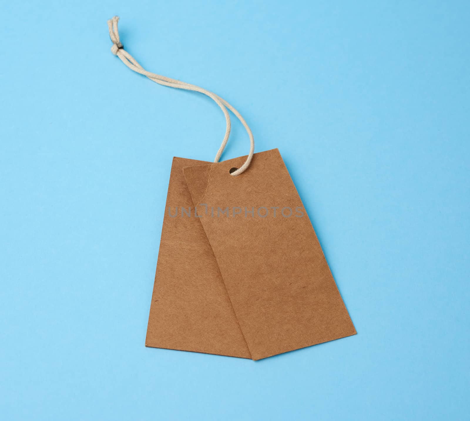 Empty brown paper tags tied with white string. Price tag, gift tag, sale tag  on the blue background, close up