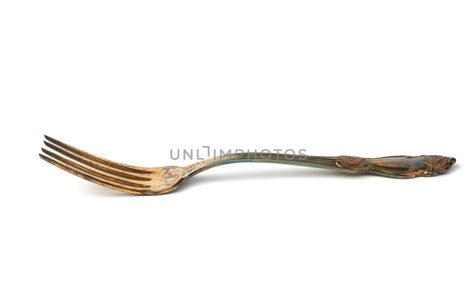 vintage gilded fork isolated on white background, table setting utensils