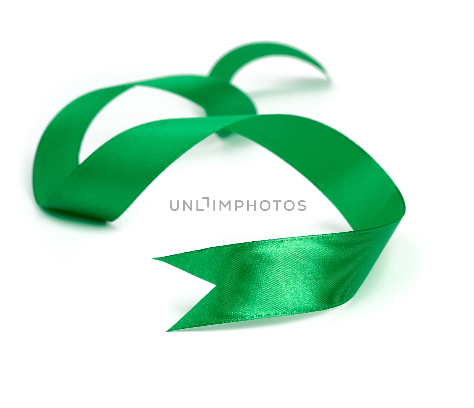twisted green silk ribbon isolated on white background, designer element for gift decor
