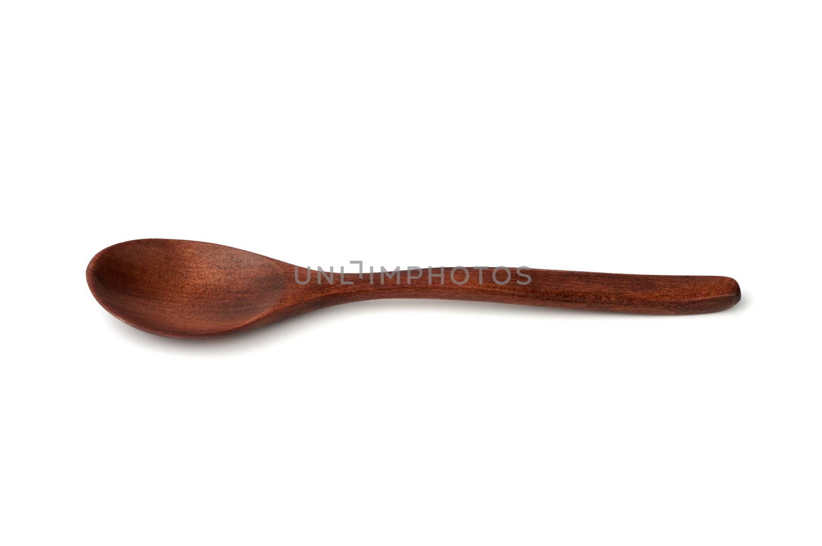 empty wooden brown new vintage spoon with handle isolated on white background, close up