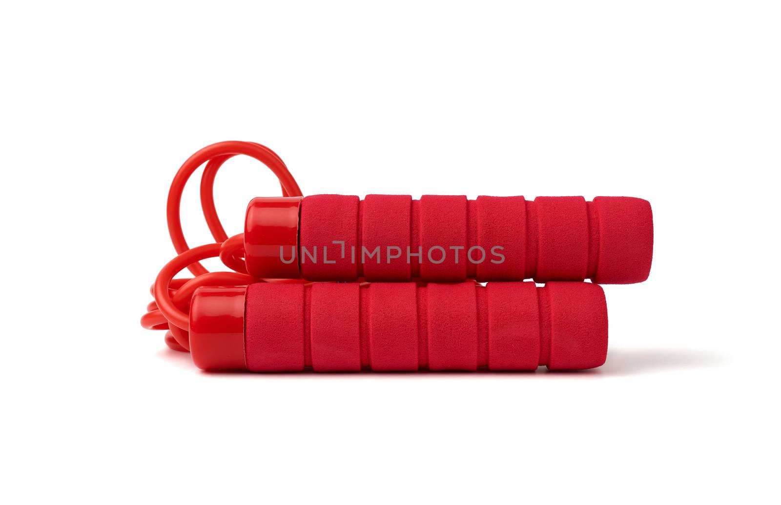 red jump rope with neoprene handles isolated on a white background,  fitness item for fitness banging