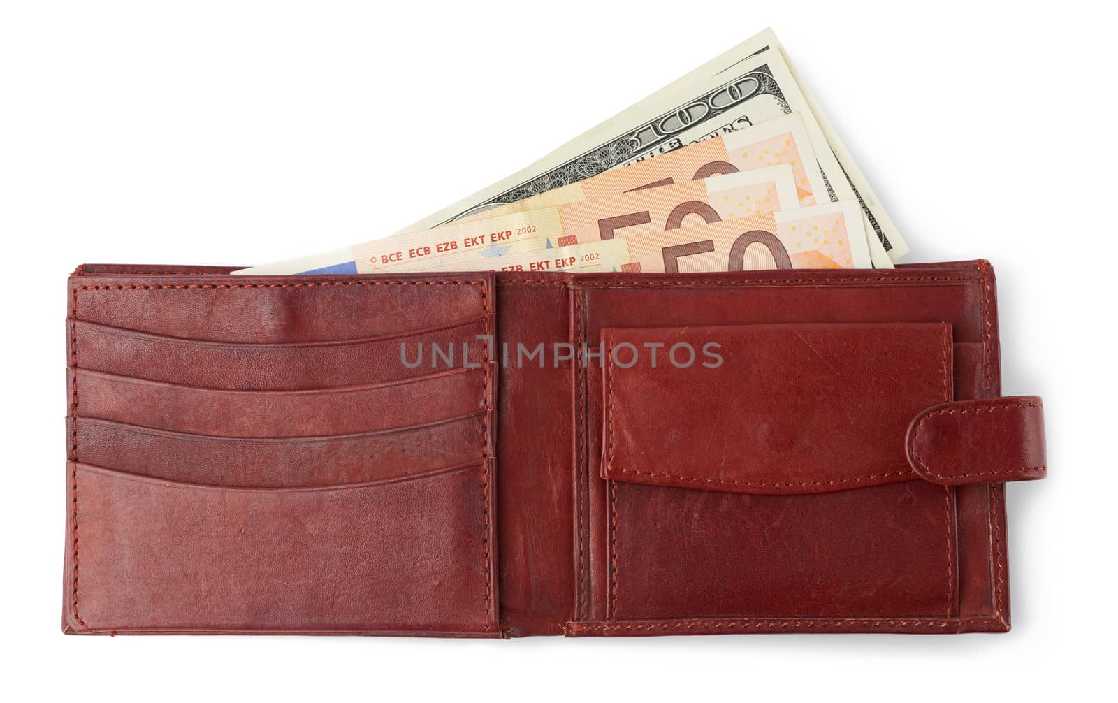 open brown leather wallet with euro paper money isolated on white background, top view