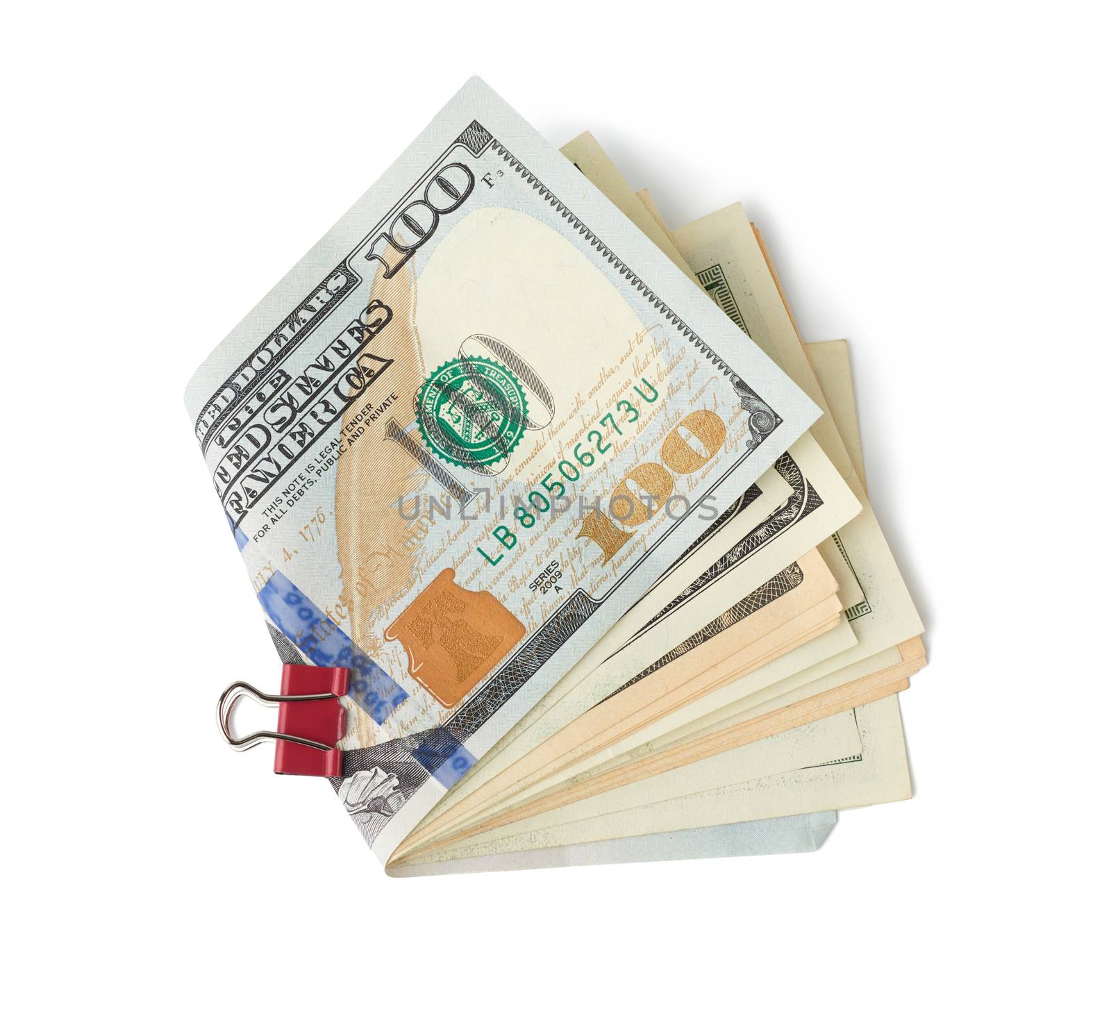 USA paper money bent in half and isolated on a white background, concept of salary, benefits