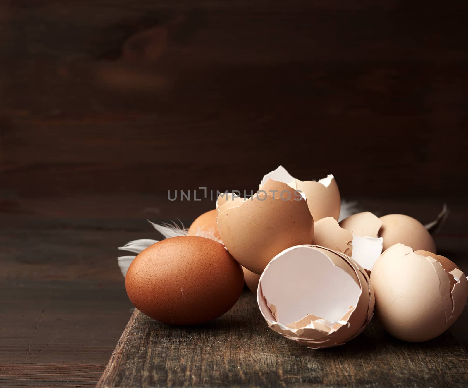 brown raw chicken shell on a wooden table, vintage toning, close up