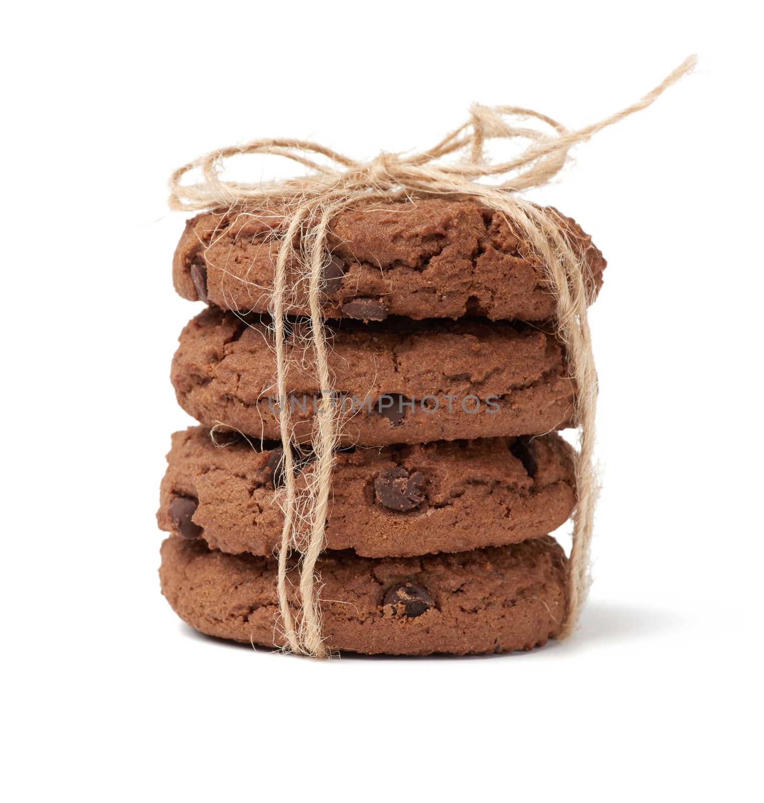 stack of baked round chocolate chip cookies isolated on a white background, close up