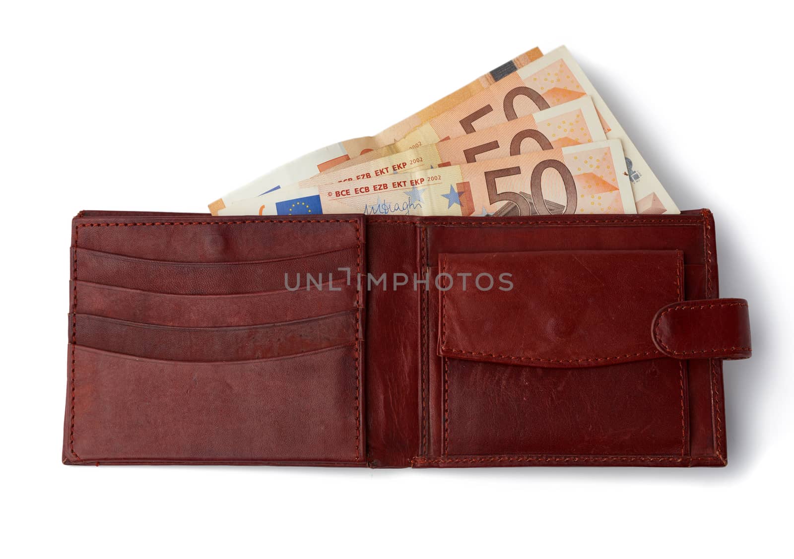 open brown leather wallet with euro paper money isolated on white background, top view