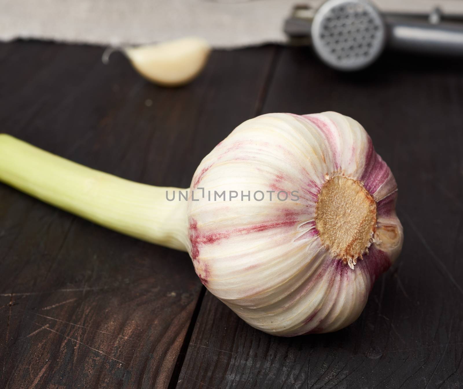 fresh young white garlic and old metal garlic press on a brown wooden table, top view