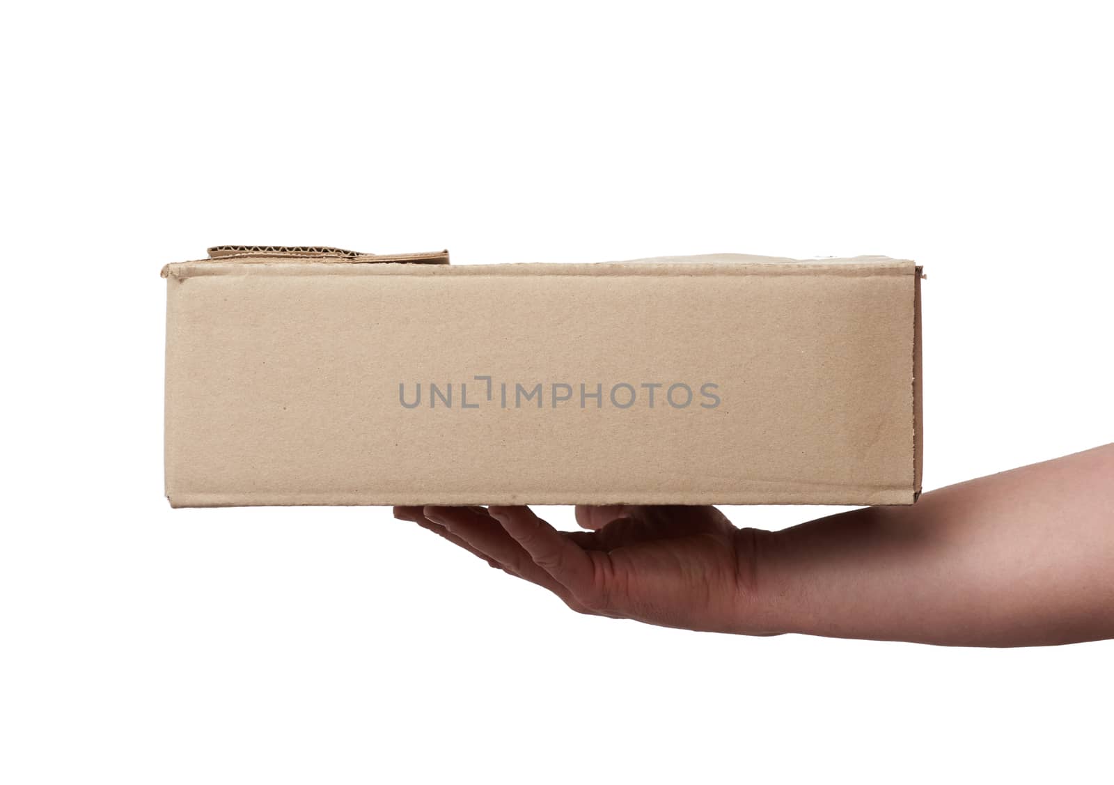 hand holds a brown cardboard box of paper on a white isolated background, moving concept