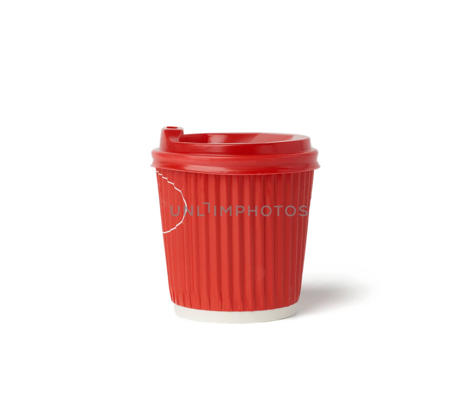 disposable hot drink red paper cup with lid isolated on white background, takeaway food