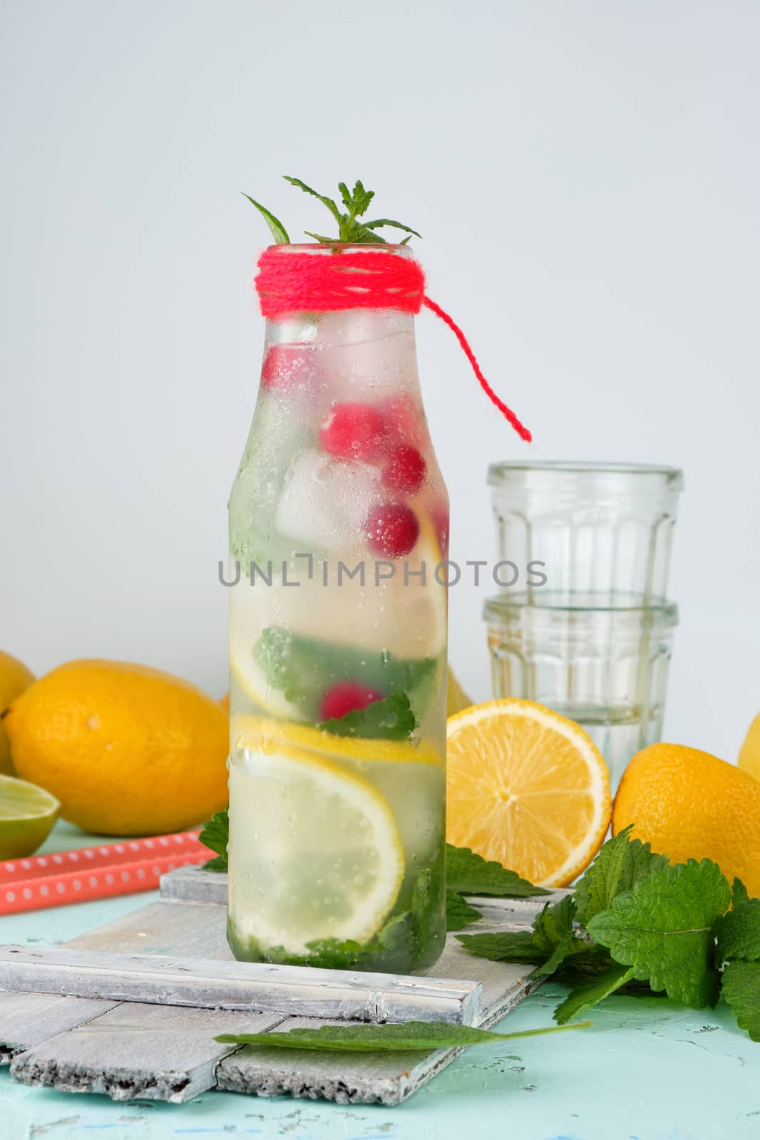summer refreshing drink lemonade with lemons, cranberry, mint leaves, lime in a glass bottle, next to the ingredients for making a cocktail
