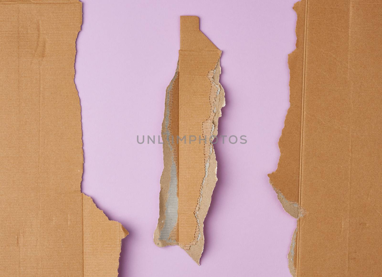 torn edges of cardboard corrugated paper on a purple background, abstract backdrop template
