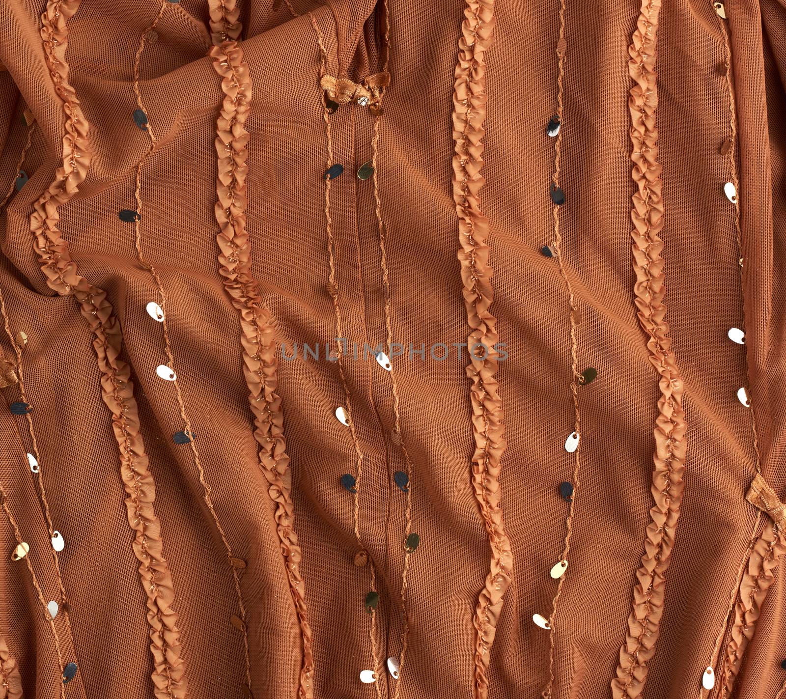brown tulle with sequin embroidery and decor, textile for sewing clothes, full frame