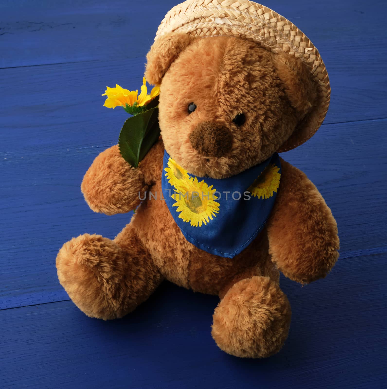 brown teddy bear sitting on a blue wooden background, place for an inscription
