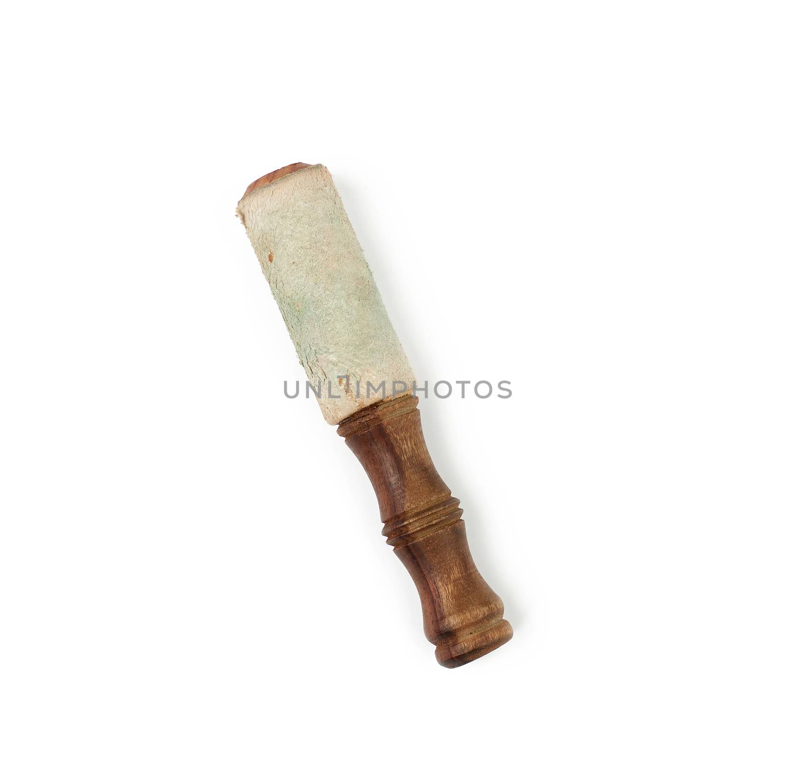 wooden clapper for singing bowls isolated on white background, top view