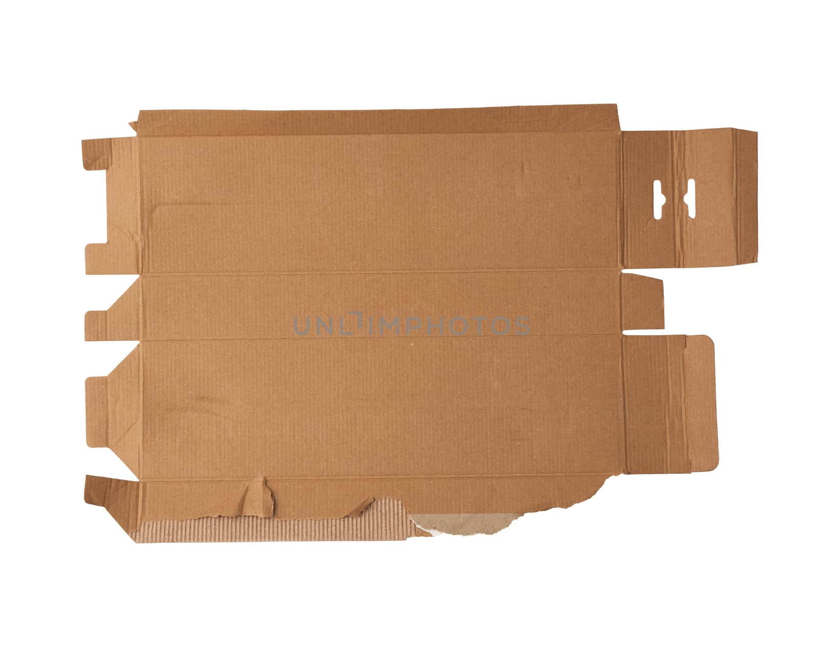 torn and unfolded cardboard box isolated on a white background, close up