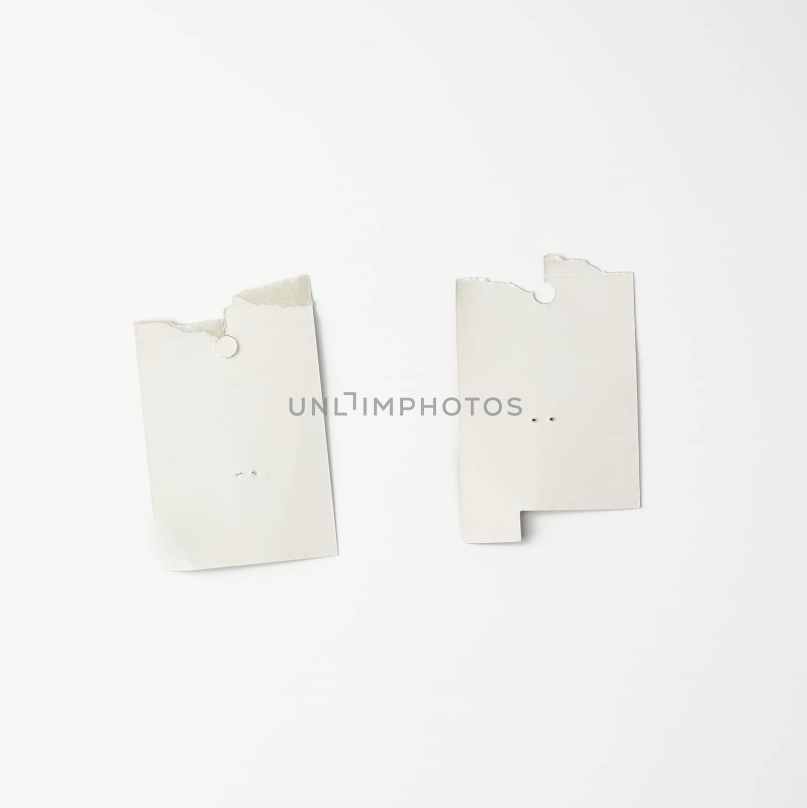 torn piece of white cardboard paper on a white background, close up
