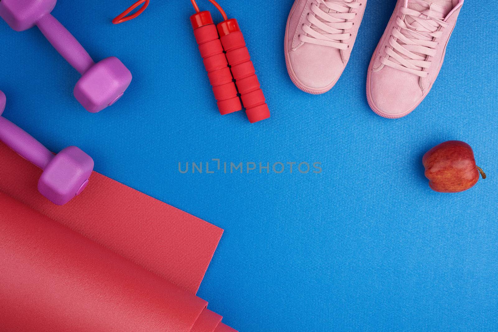 pair of pink training sneakers with laces, purple plastic dumbbells, red twisted neoprene mat on a blue texture background, top view, sports set