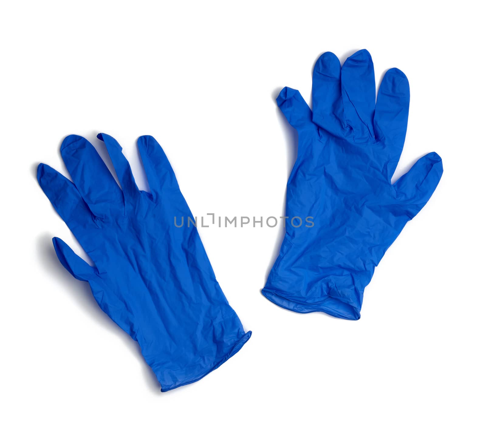 pair of blue medical rubber gloves for carrying out procedures and manipulations with a doctor, subject is isolated on a white background
