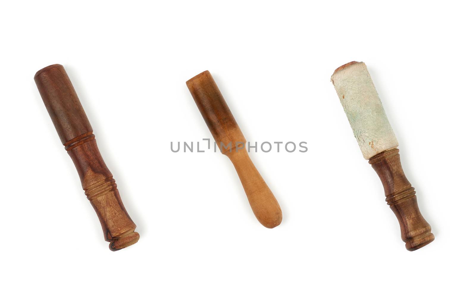 wooden clapper for singing bowls isolated on white background, top view, set