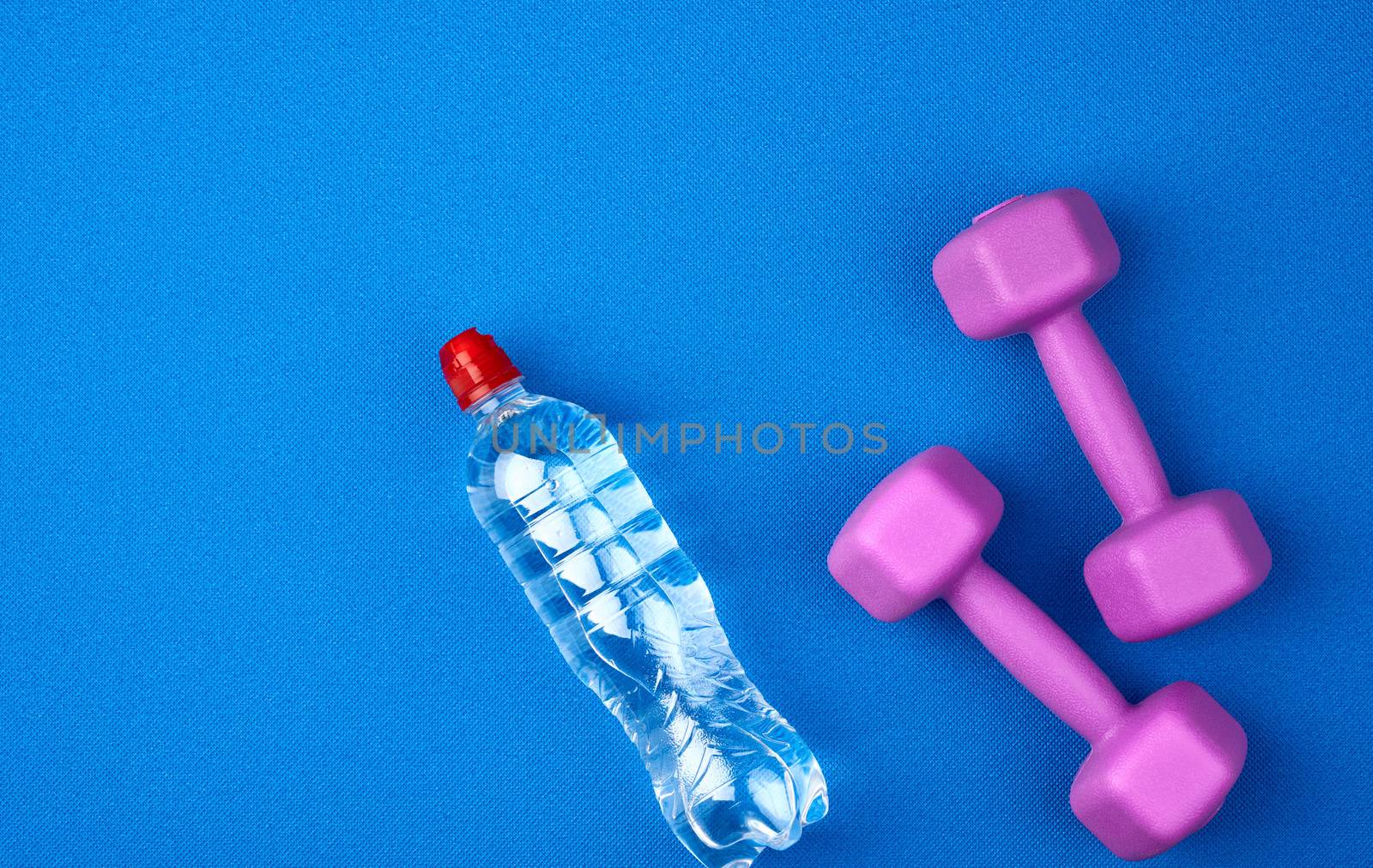 transparent plastic bottle of water and a pair of purple plastic dumbbells for sports and fitness on a blue mat, top view