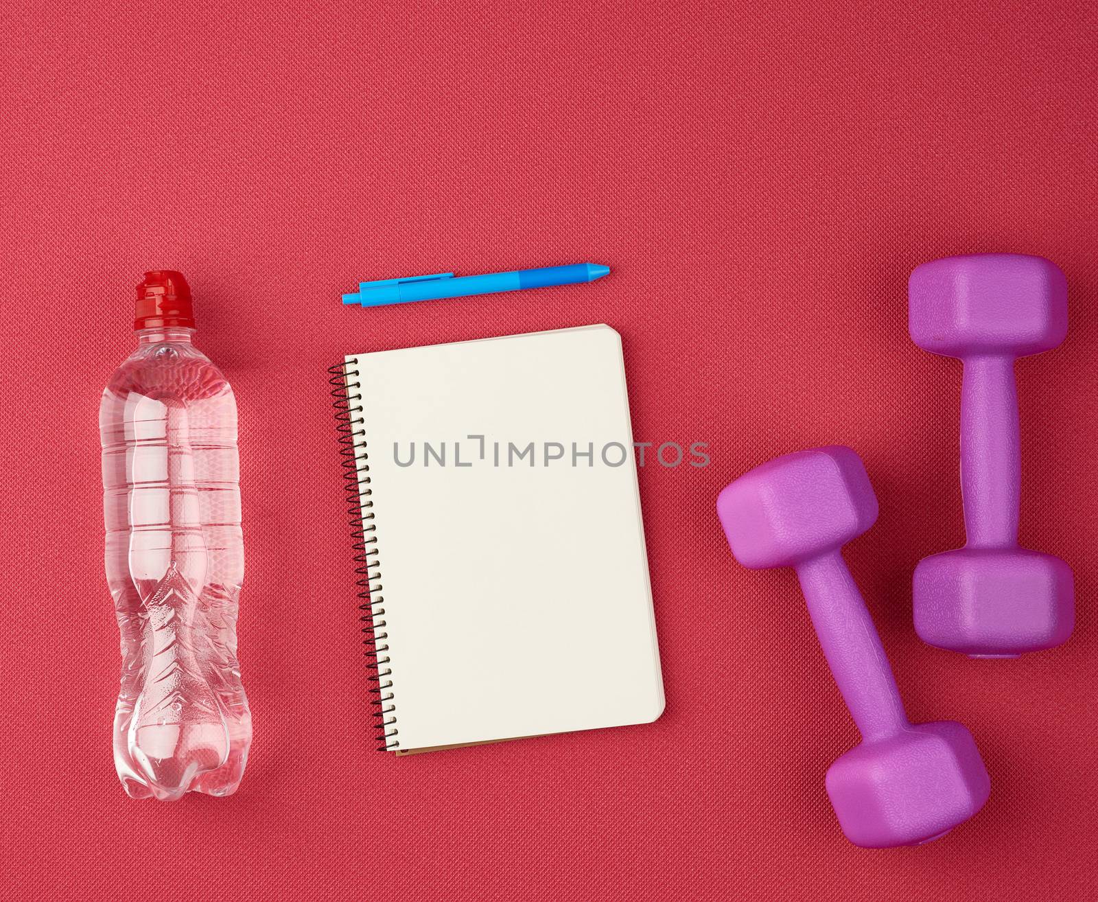 blank white sheet of paper and pen, next to a dumbbell, bottle of water, Items for sports and yoga, top view. Red background 