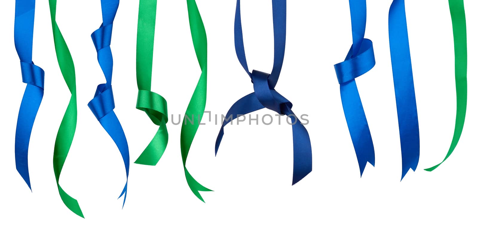 set of twisted blue silk ribbon ends with knots isolated on white background, trendy colors of elements for designer
