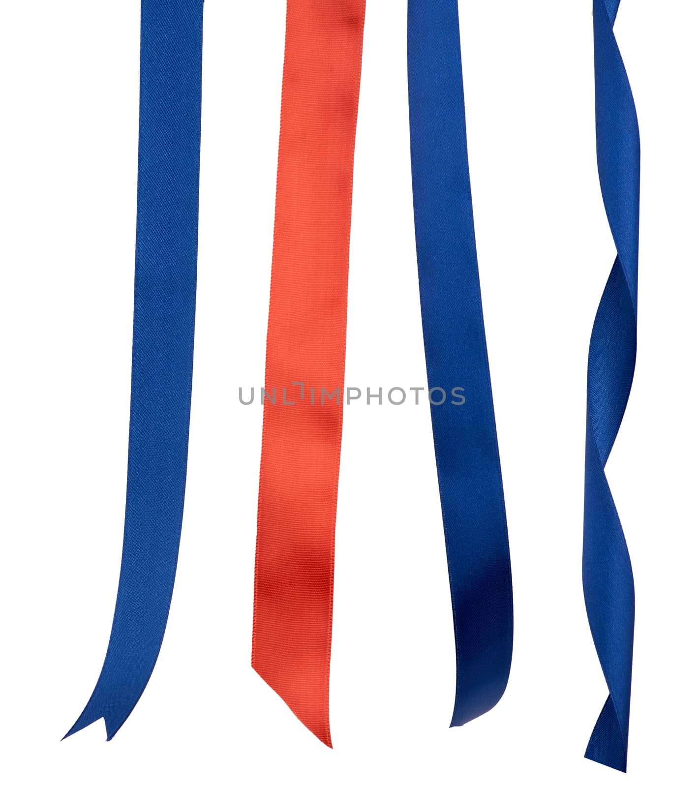 dark blue and red silk ribbons isolated on white background, decor hangs and twisted