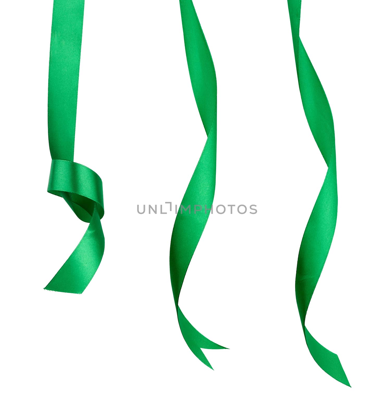 set of twisted green silk ribbon ends with knots isolated on whi by ndanko