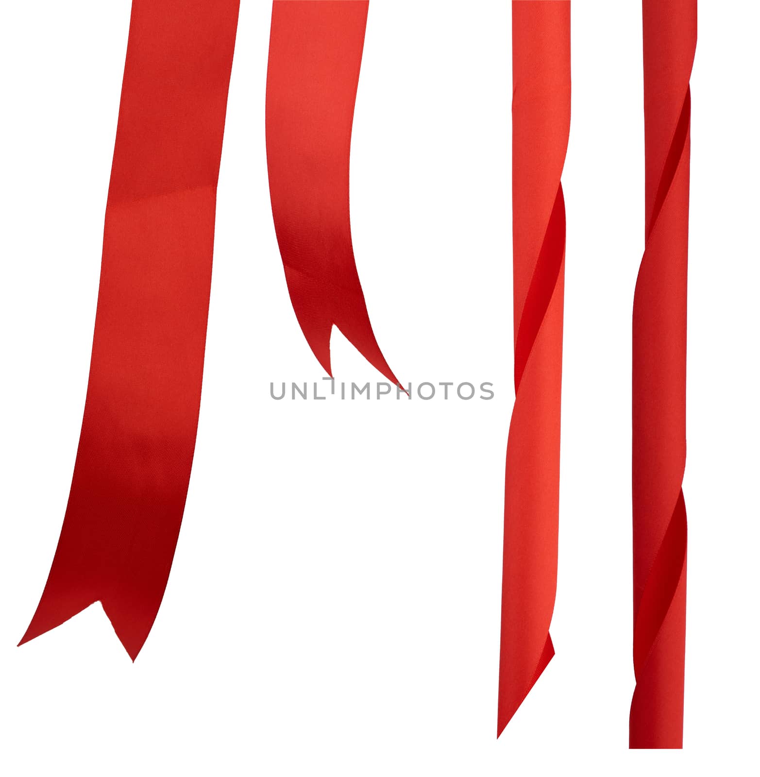 different ends of red silk ribbon isolated on white background, close up, element for designer