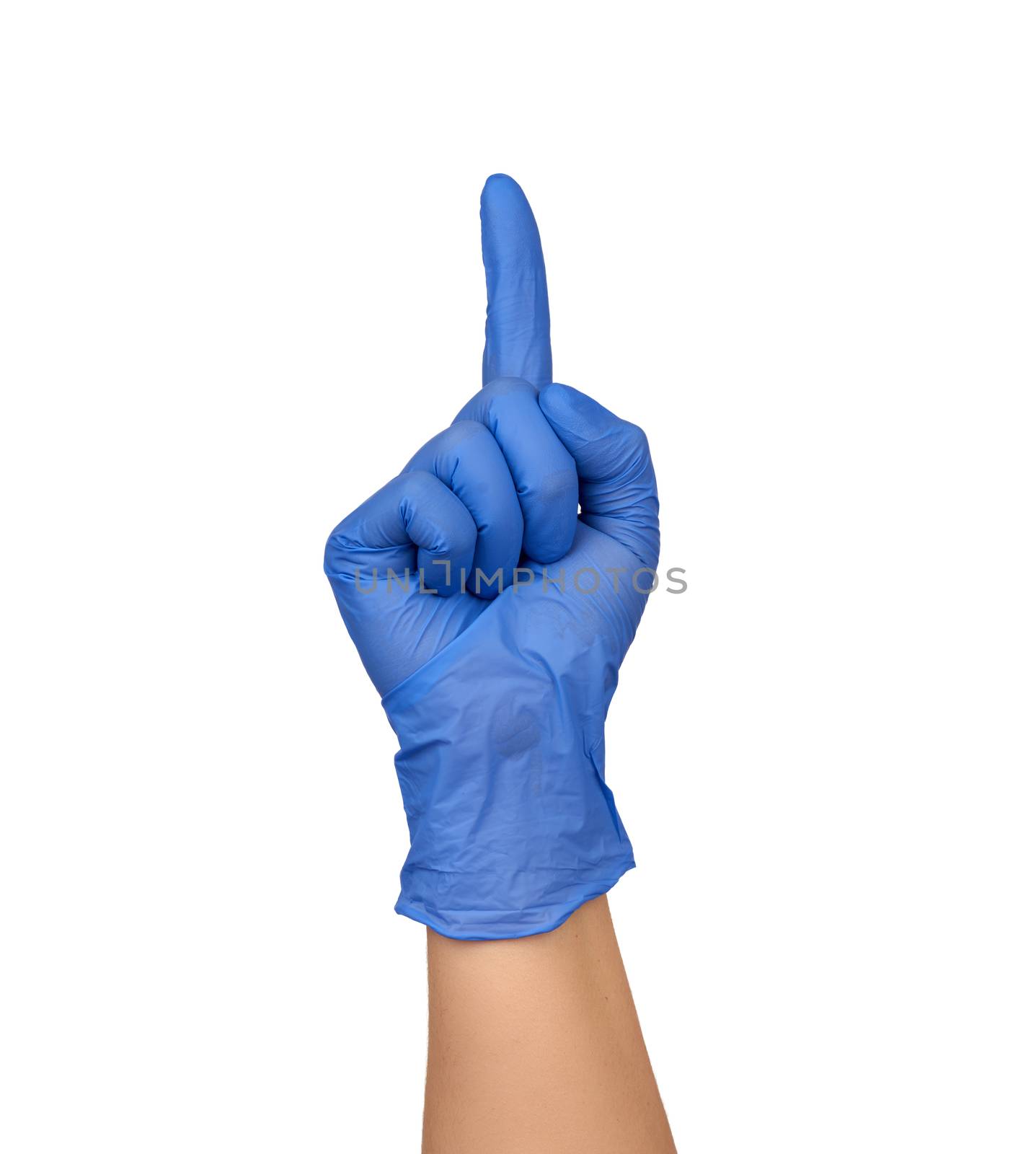 female hand in a blue medical sterile glove shows a gesture, the by ndanko